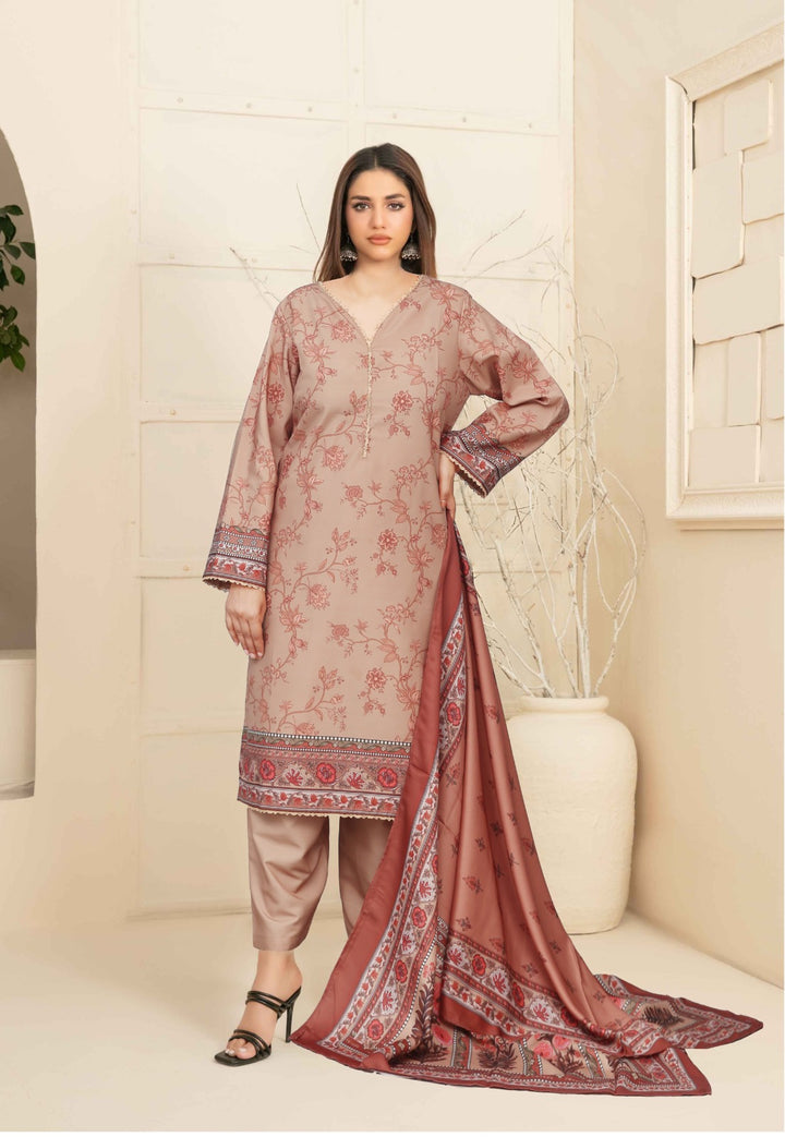 Woman wearing a traditional outfit with a floral design 